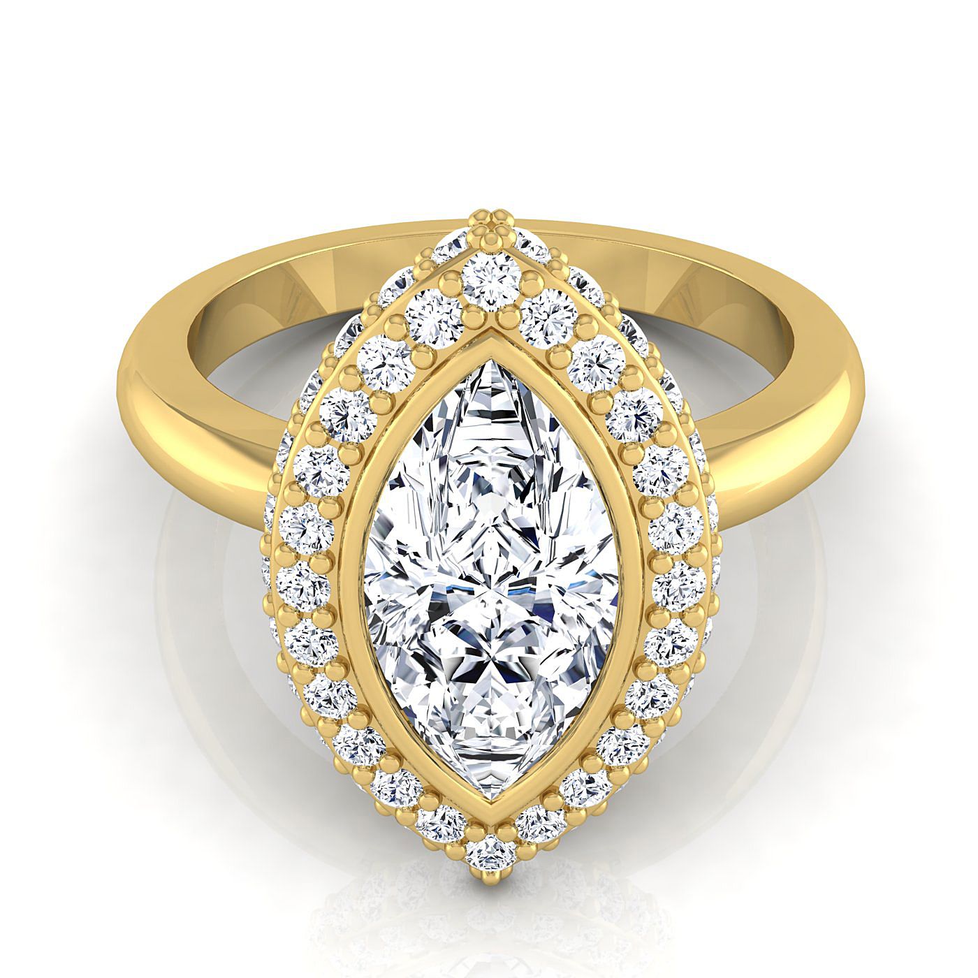 แหวนหมั้นเพชร 14K Yellow Gold Marquise Bezel Pave 3D Halo Solitaire