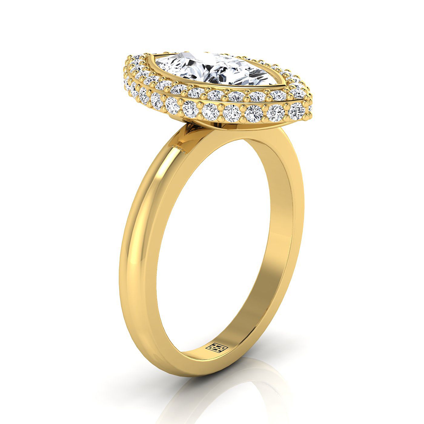 แหวนหมั้นเพชร 14K Yellow Gold Marquise Bezel Pave 3D Halo Solitaire