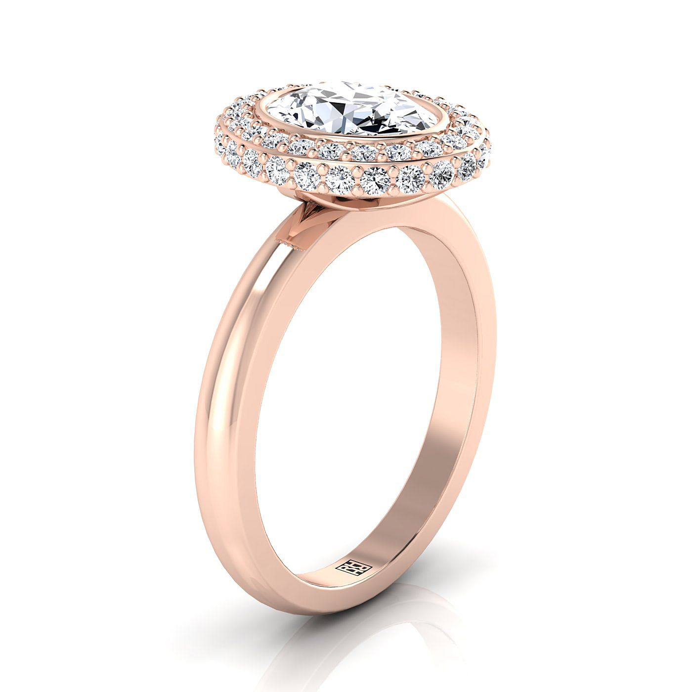 แหวนหมั้นวงรี Bezel Pave 3D Halo Solitaire สีโรสโกลด์ 14K