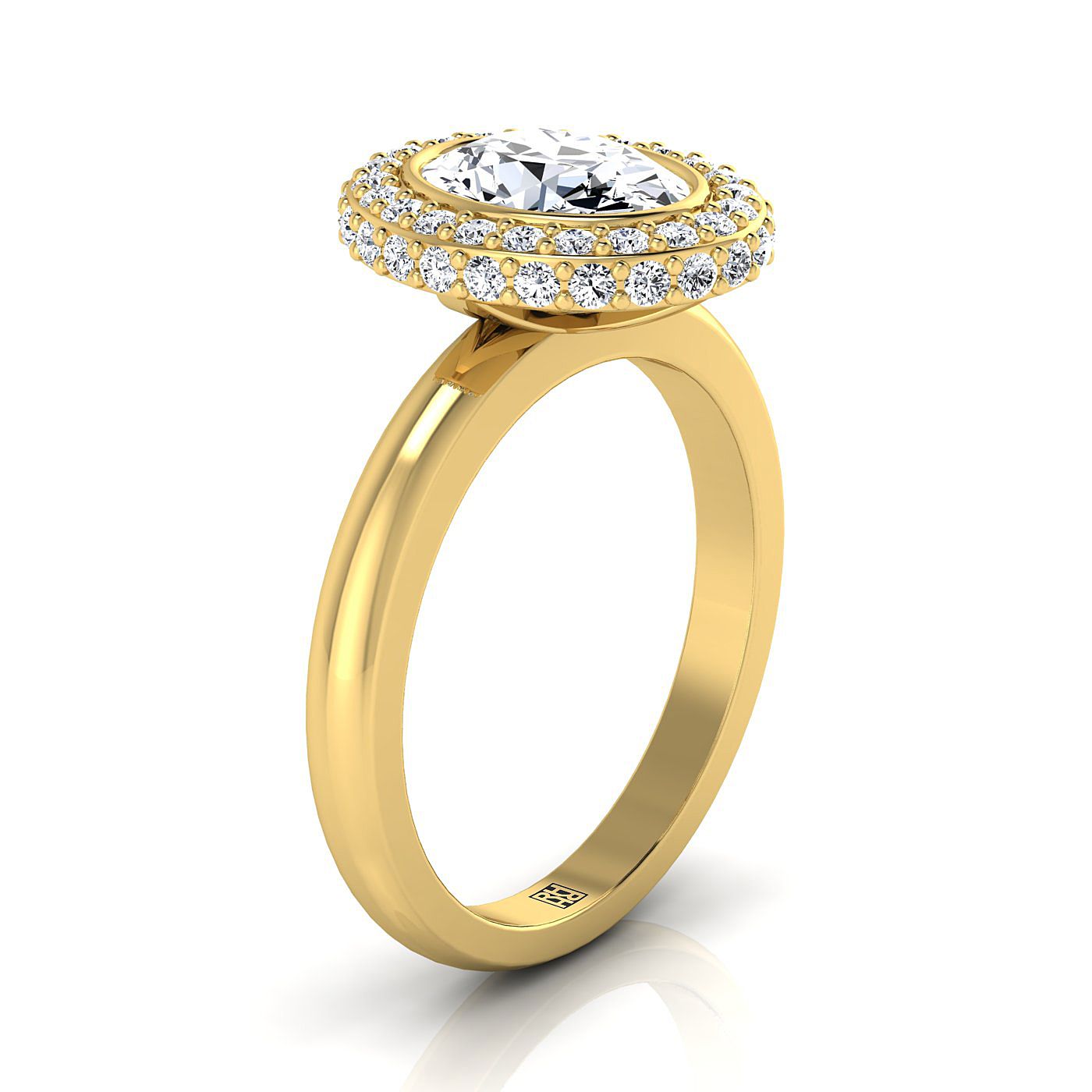 แหวนหมั้นวงรี Bezel Pave 3D Halo Solitaire เยลโลว์โกลด์ 14K