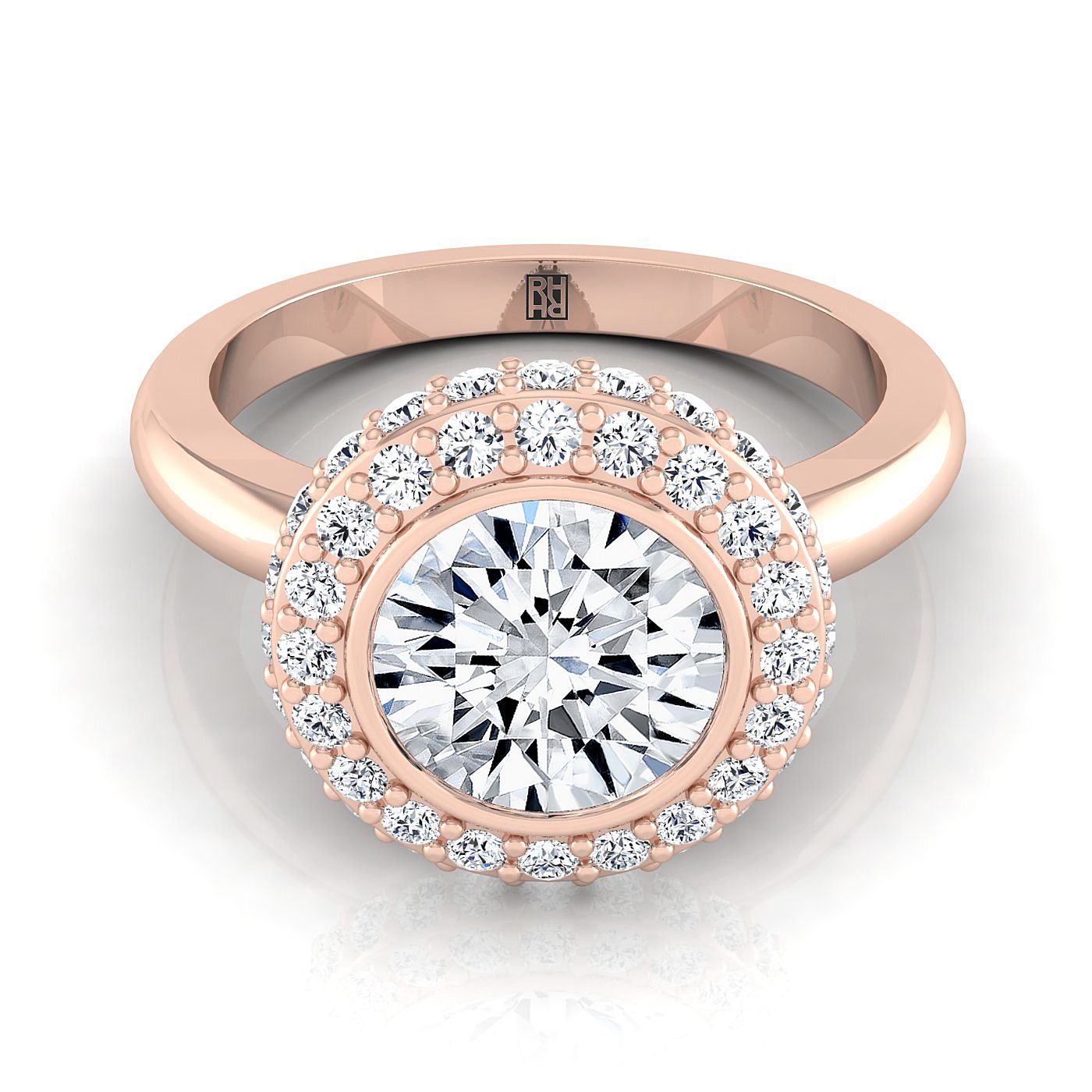 14K Rose Gold Round Brilliant Bezel Pave 3D Halo Solitaire แหวนหมั้น