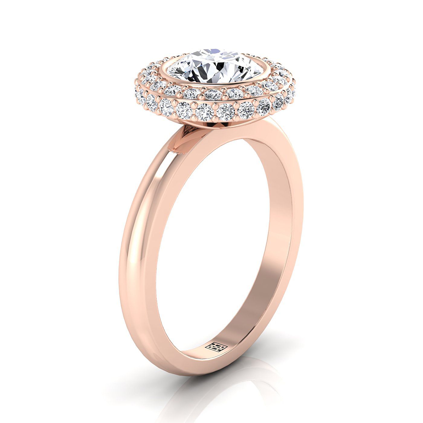 14K Rose Gold Round Brilliant Bezel Pave 3D Halo Solitaire แหวนหมั้น