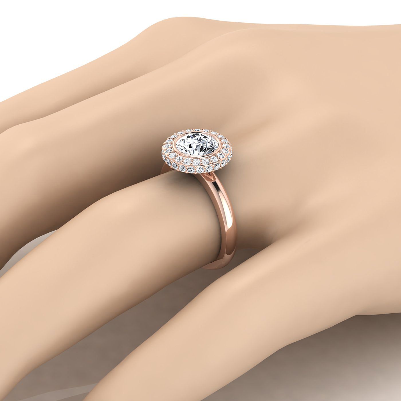 14K Rose Gold Round Brilliant Bezel Pave 3D Halo Solitaire แหวนหมั้น