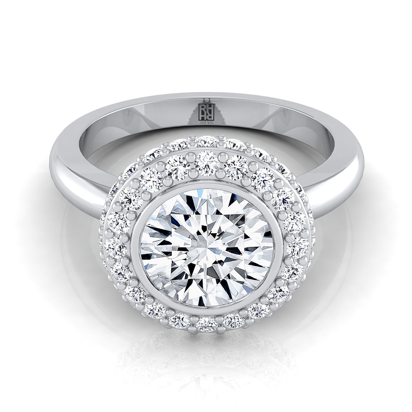 แหวนหมั้นล้อมเพชร 14K White Gold Round Brilliant Bezel Pave 3D Halo Solitaire