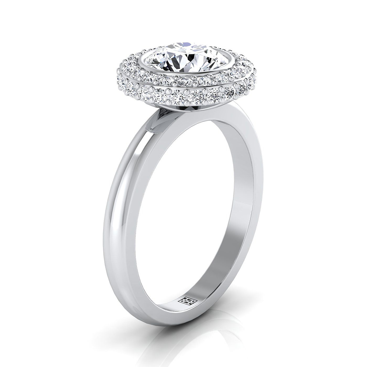 แหวนหมั้นล้อมเพชร 14K White Gold Round Brilliant Bezel Pave 3D Halo Solitaire