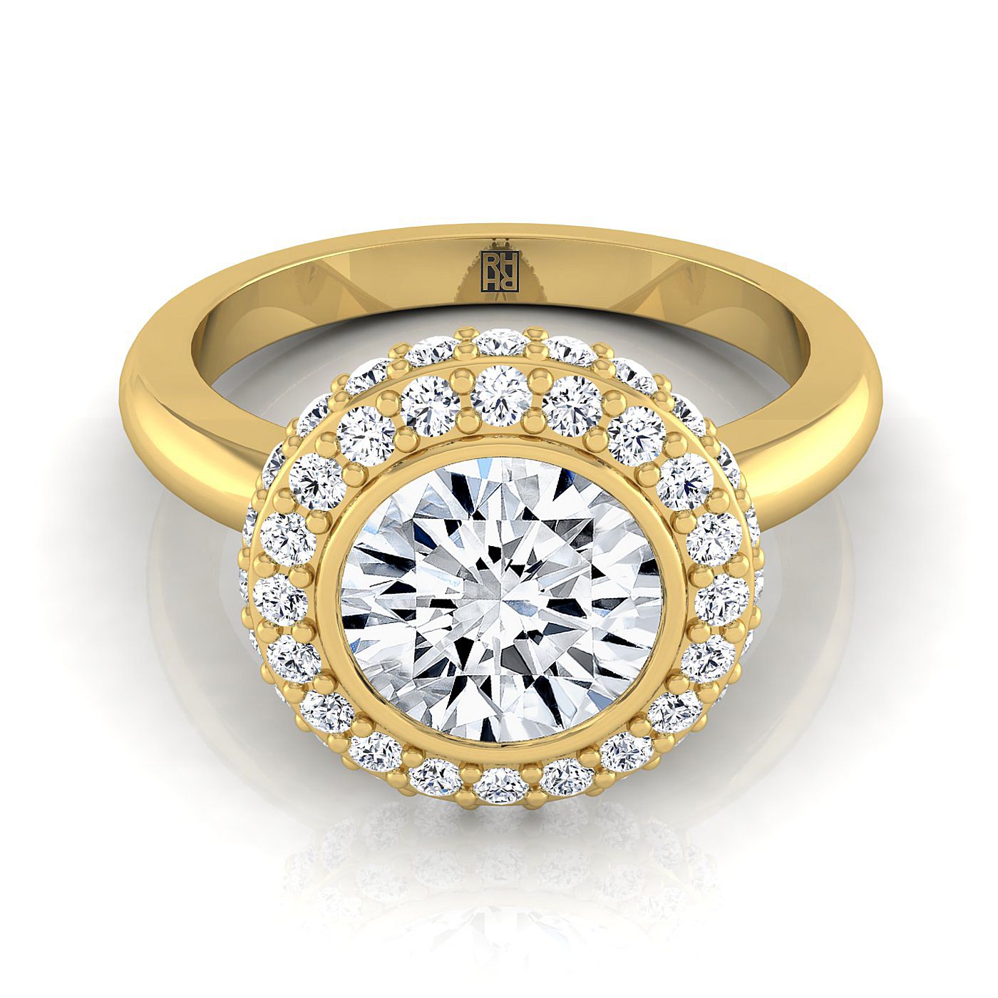 14K Yellow Gold Round Brilliant Bezel Pave 3D Halo Solitaire Engagement Ring