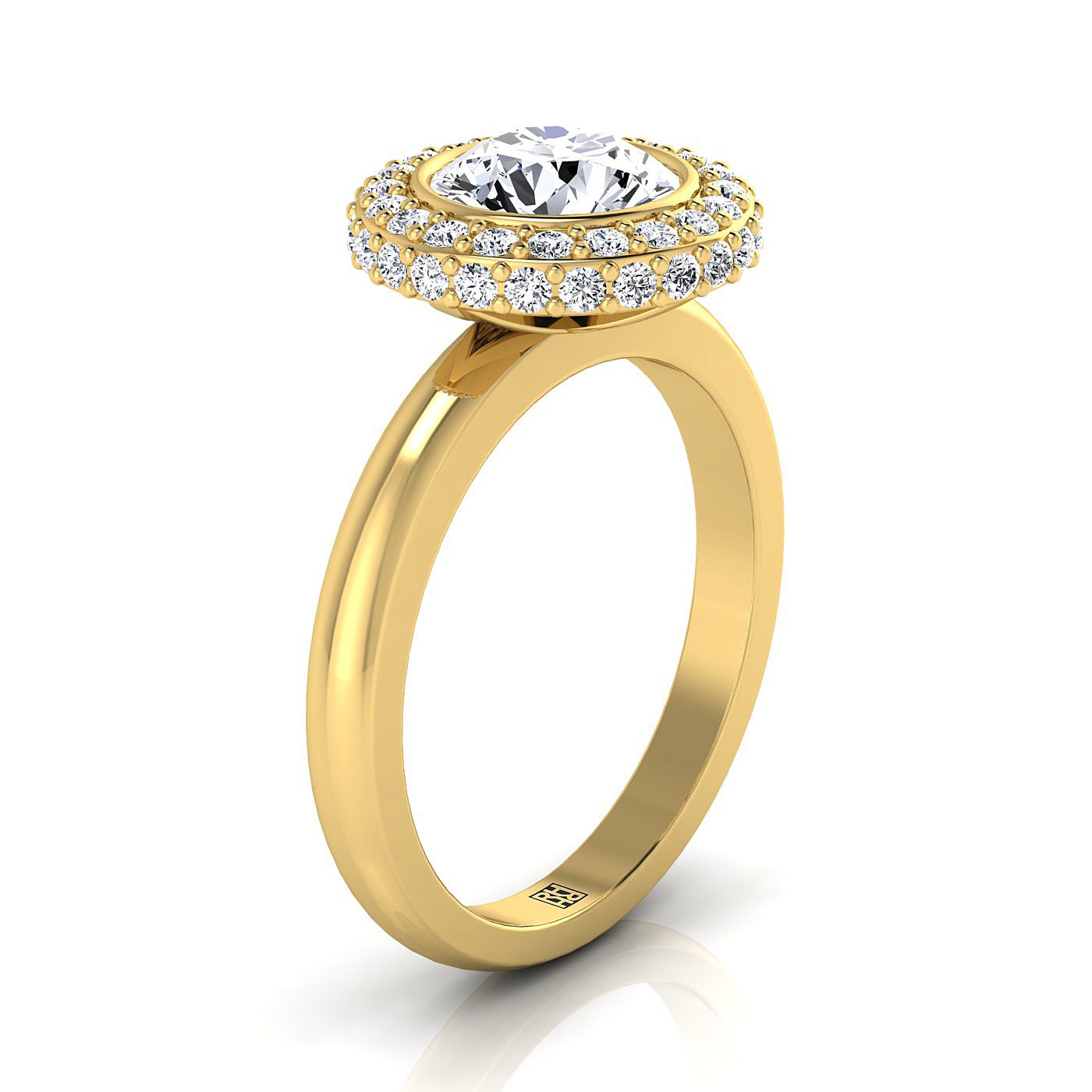 14K Yellow Gold Round Brilliant Bezel Pave 3D Halo Solitaire Engagement Ring