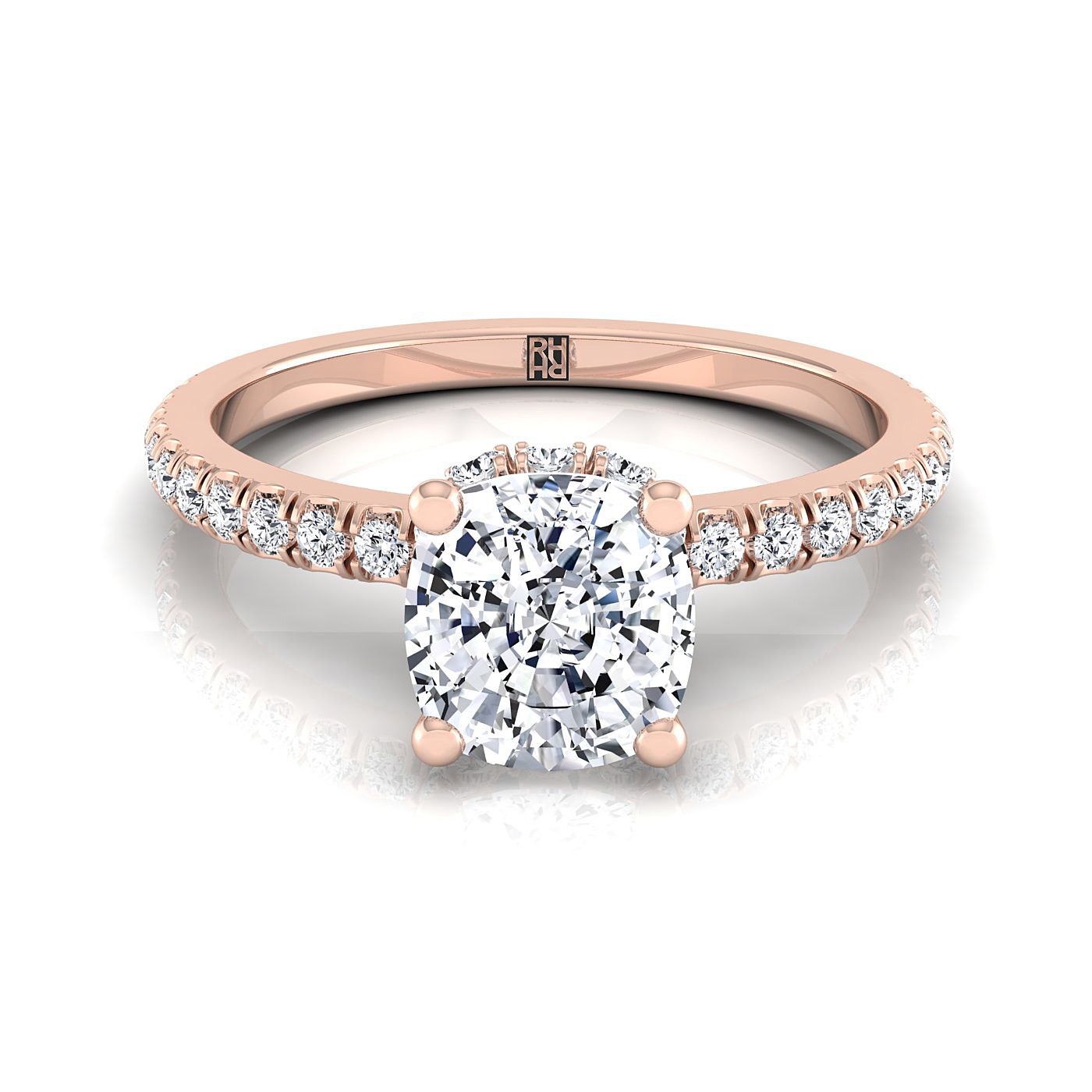 14K Rose Gold Cushion Diamond Secret Diamond Halo French Pave Solitaire Engagement Ring -1/3ctw