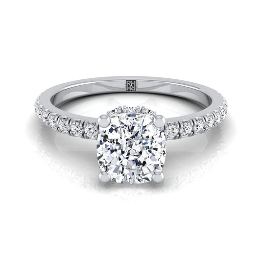 18K White Gold Cushion Diamond Secret Diamond Halo French Pave Solitaire Engagement Ring -1/3ctw