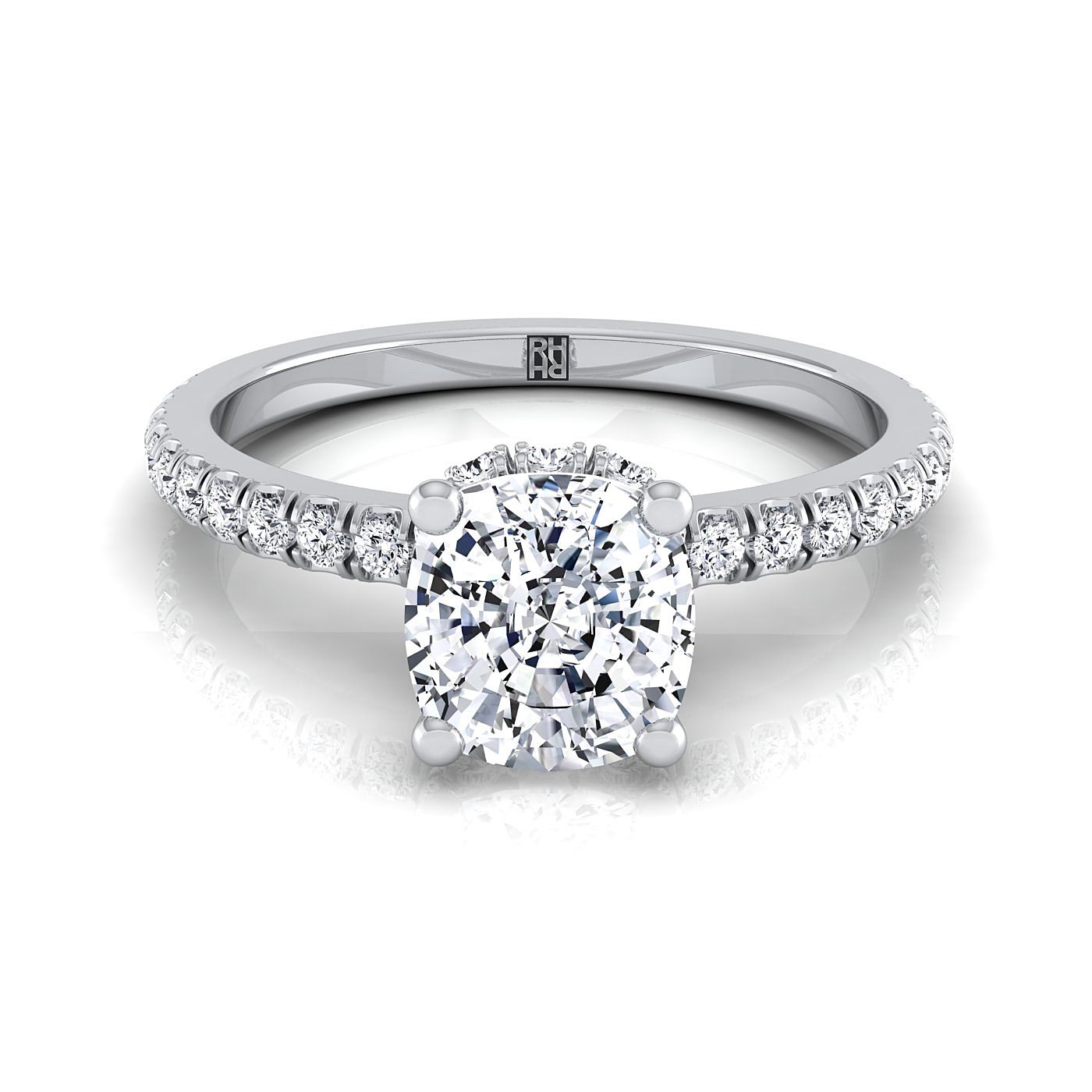 Platinum Cushion Diamond Secret Diamond Halo French Pave Solitaire Engagement Ring -1/3ctw