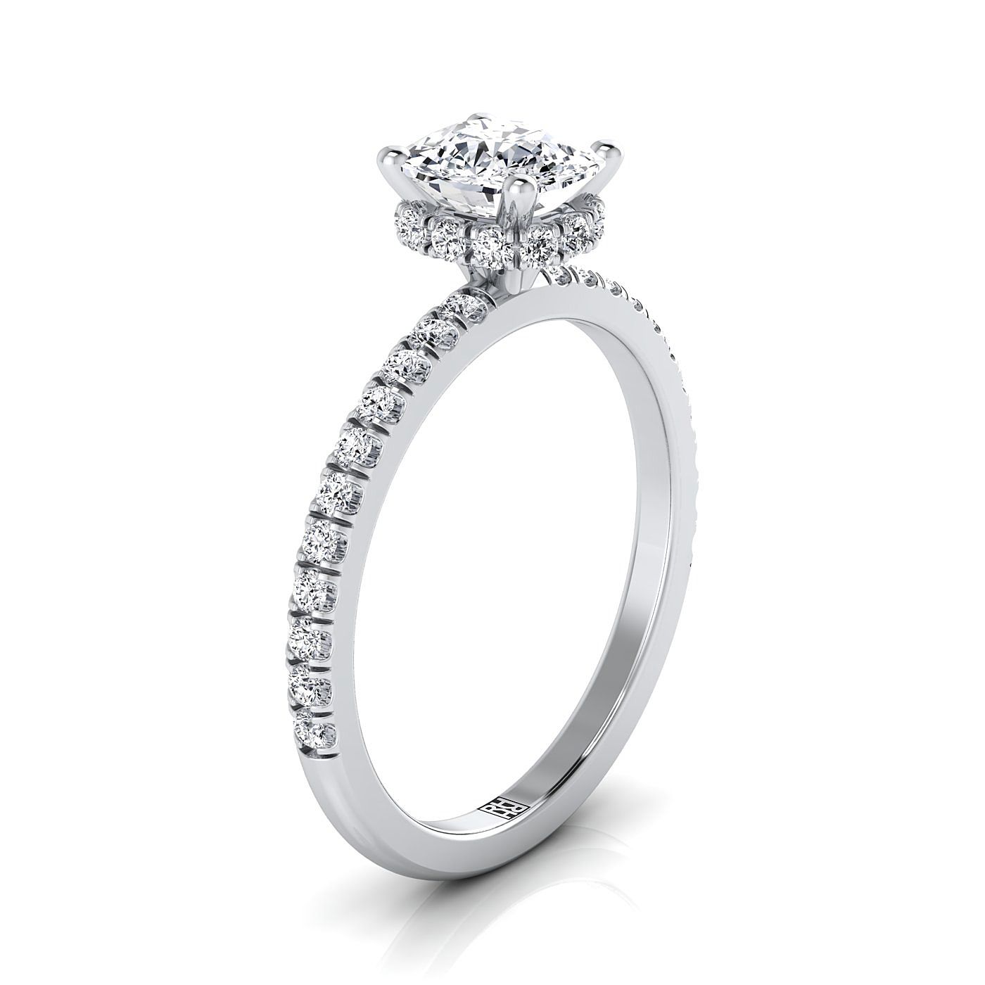 18K White Gold Cushion Diamond Secret Diamond Halo French Pave Solitaire Engagement Ring -1/3ctw