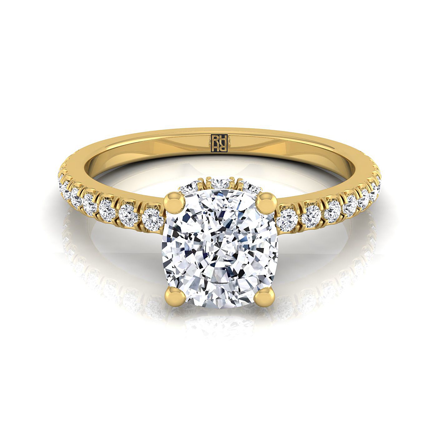 18K Yellow Gold Cushion Diamond Secret Diamond Halo French Pave Solitaire Engagement Ring -1/3ctw