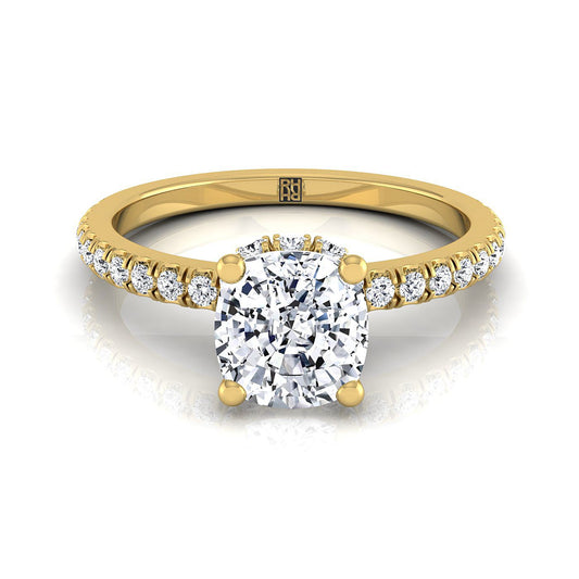 14K Yellow Gold Cushion Diamond Secret Diamond Halo French Pave Solitaire Engagement Ring -1/3ctw
