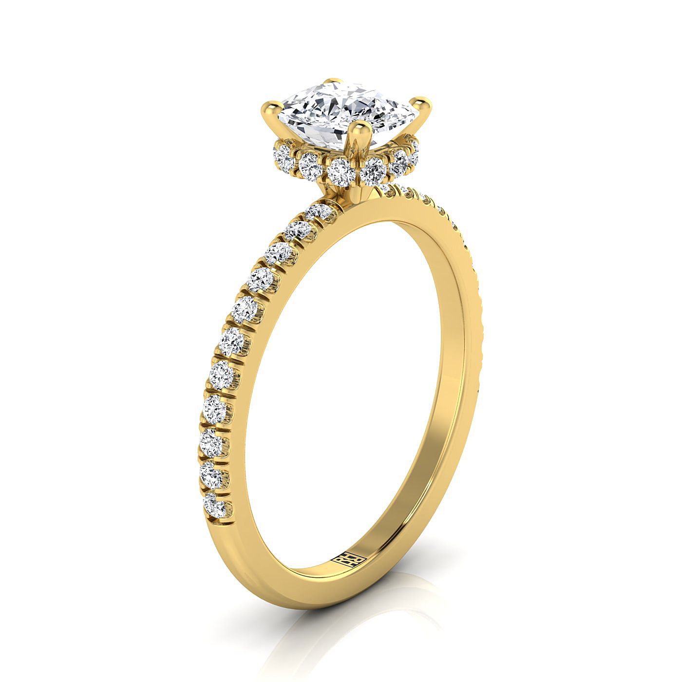 18K Yellow Gold Cushion Diamond Secret Diamond Halo French Pave Solitaire Engagement Ring -1/3ctw