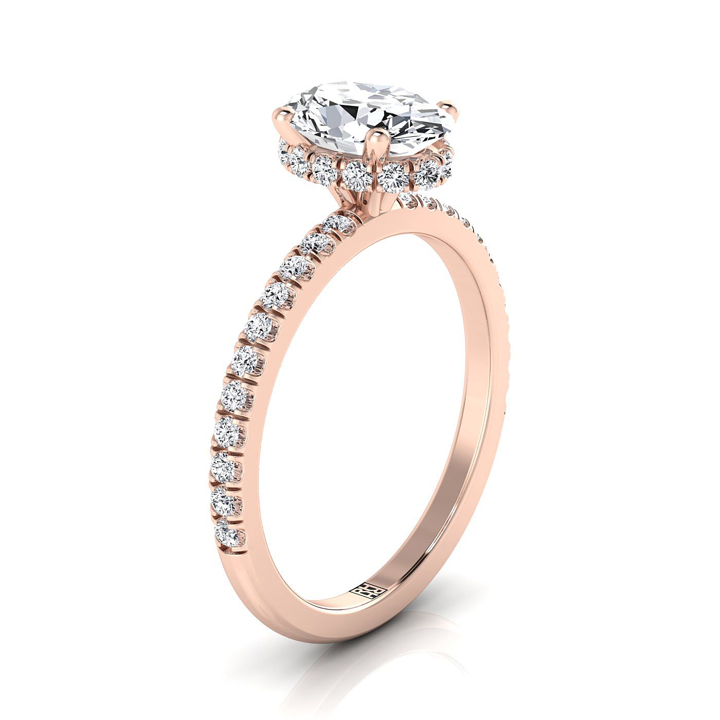 แหวนเพชรทรงรี 14K Rose Gold Secret Diamond Halo French Pave Solitaire Engagement Ring -1/3ctw