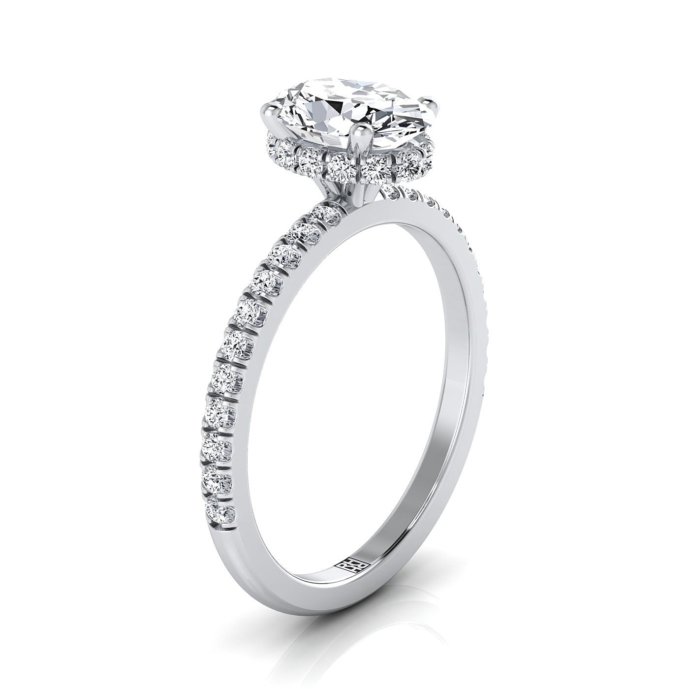 18K White Gold Oval Diamond Secret Diamond Halo French Pave Solitaire Engagement Ring -1/3ctw