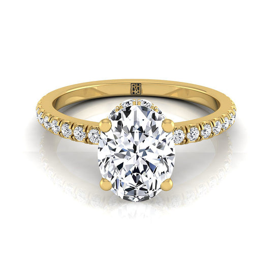 14K Yellow Gold Oval Diamond Secret Diamond Halo French Pave Solitaire Engagement Ring -1/3ctw