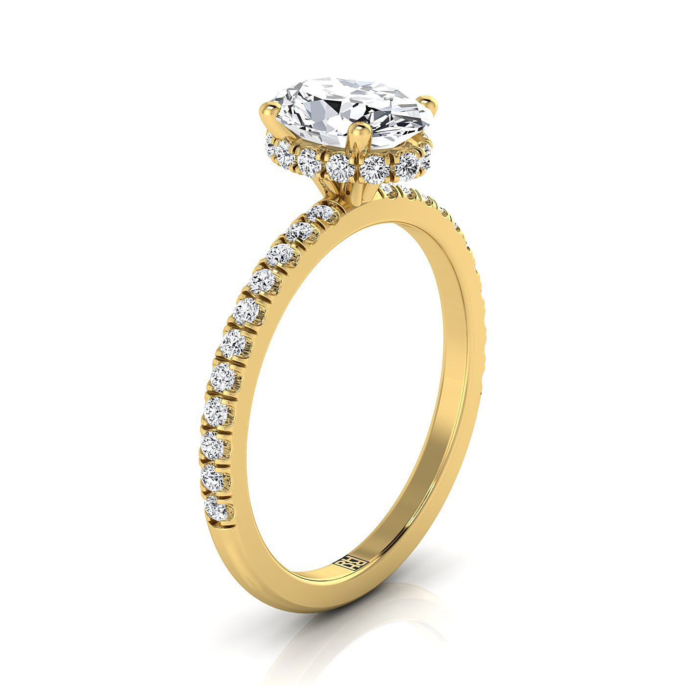 18K Yellow Gold Oval Diamond Secret Diamond Halo French Pave Solitaire Engagement Ring -1/3ctw