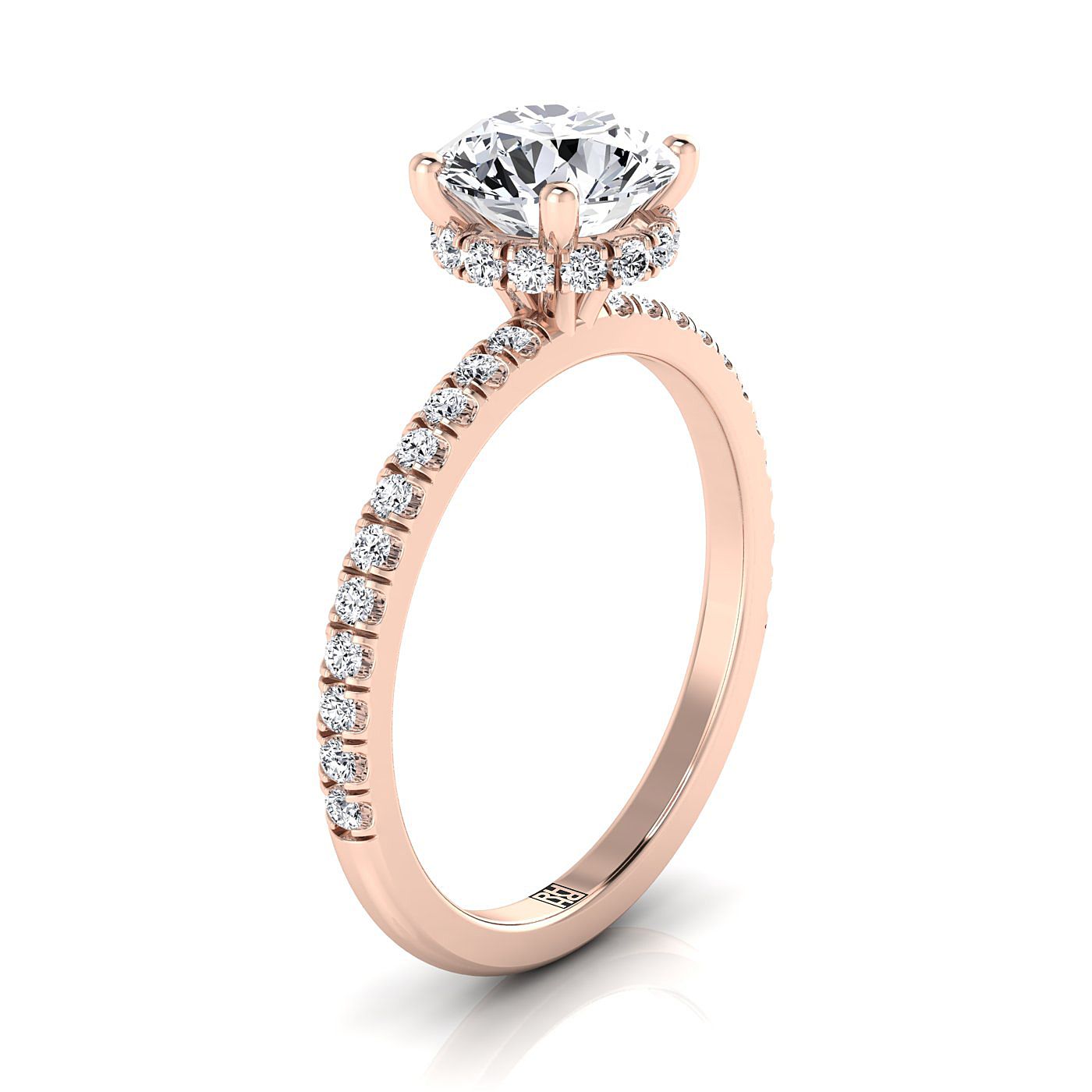 14K Rose Gold Round Brilliant Diamond Secret Diamond Halo French Pave Solitaire แหวนหมั้น -1/3ctw