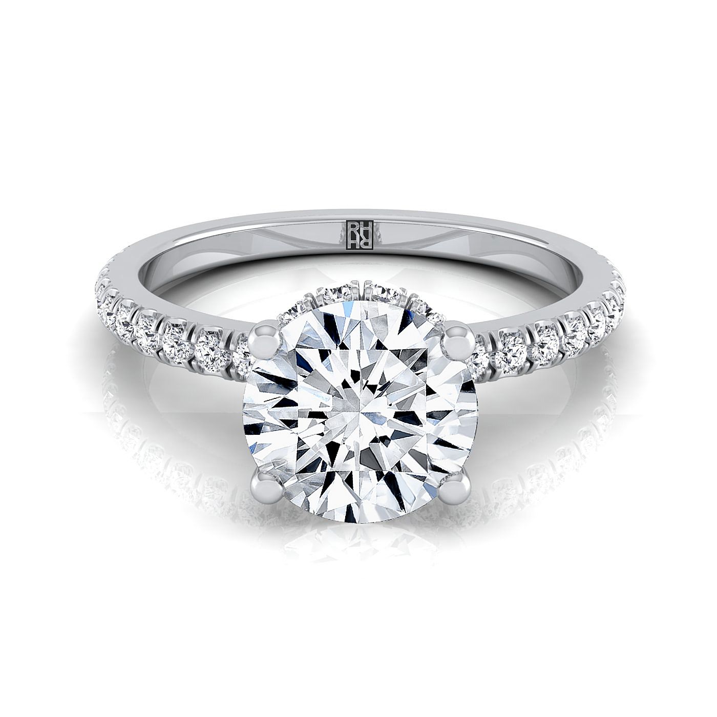 Platinum Round Brilliant Diamond Secret Diamond Halo French Pave Solitaire Engagement Ring -1/3ctw