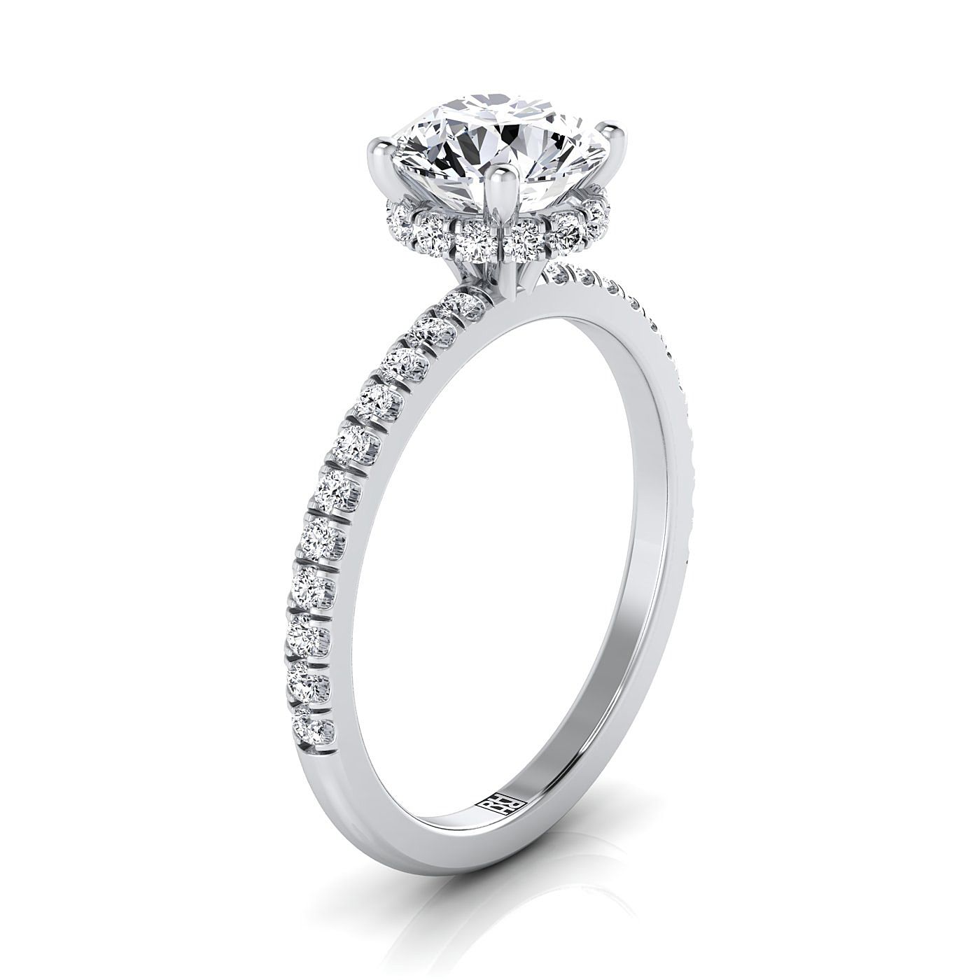 Platinum Round Brilliant Diamond Secret Diamond Halo French Pave Solitaire Engagement Ring -1/3ctw