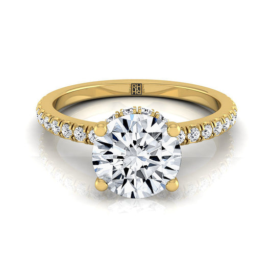 18K สีเหลืองทอง Round Brilliant Diamond Secret Diamond Halo French Pave Solitaire แหวนหมั้น -1/3ctw