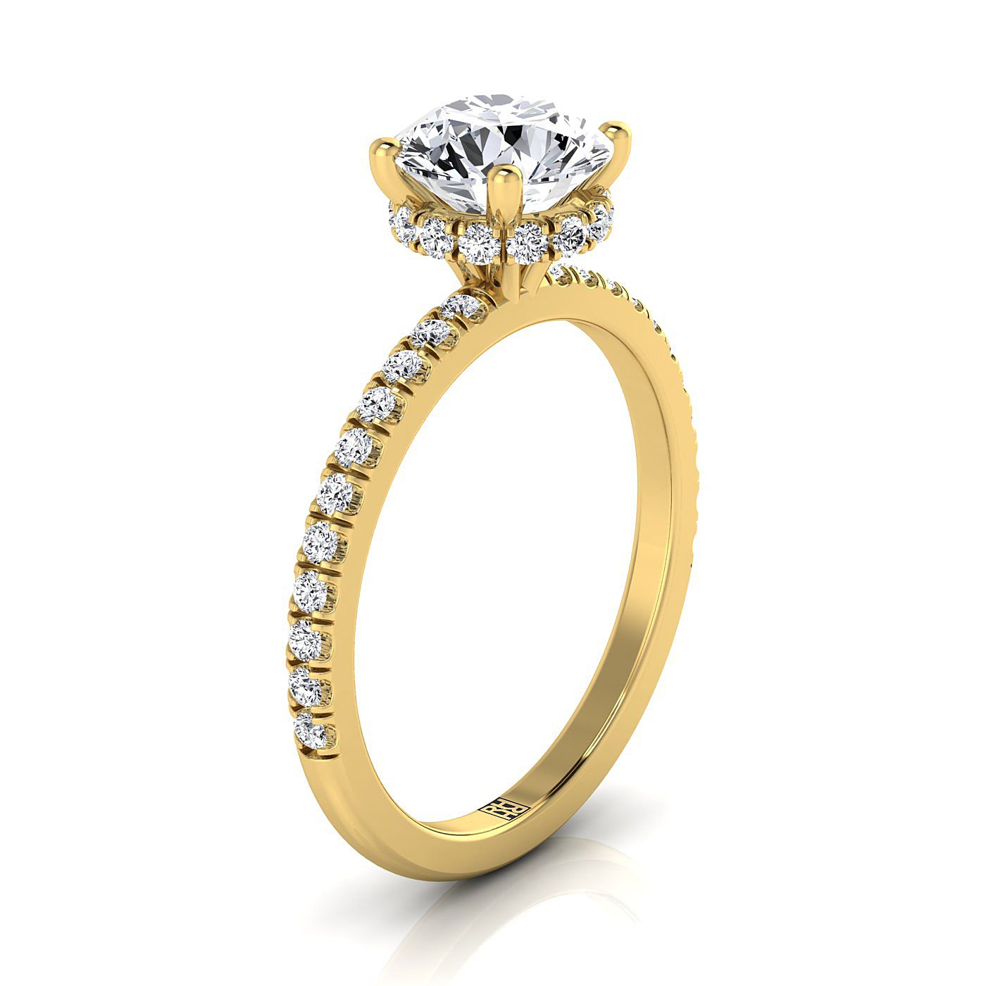 18K สีเหลืองทอง Round Brilliant Diamond Secret Diamond Halo French Pave Solitaire แหวนหมั้น -1/3ctw