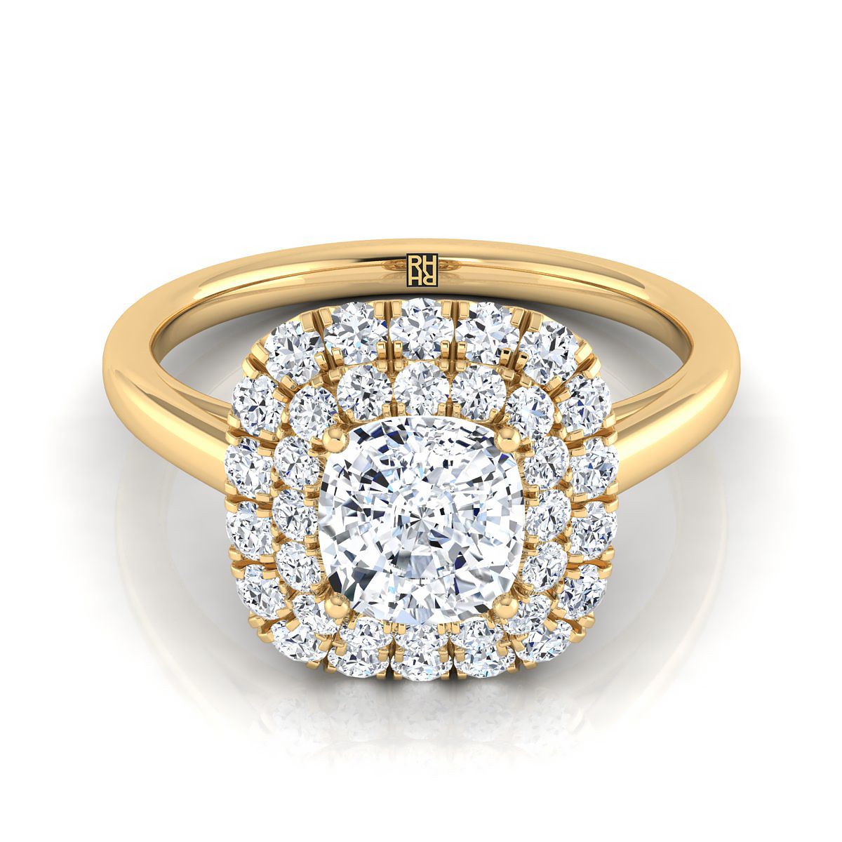 14K Yellow Gold Cushion Diamond Stair Step Double Halo Engagement Ring -1/2ctw