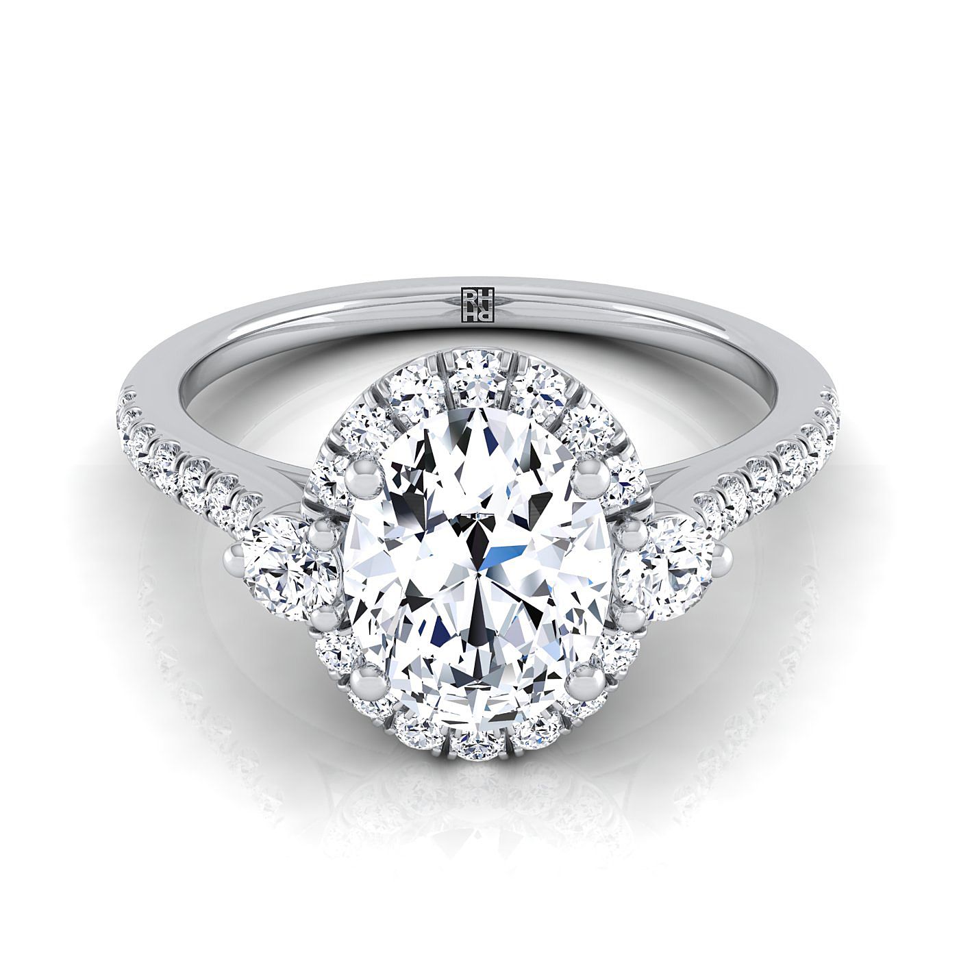 Platinum Oval Diamond Three Stone Delicate Halo Engagement Ring -1/3ctw