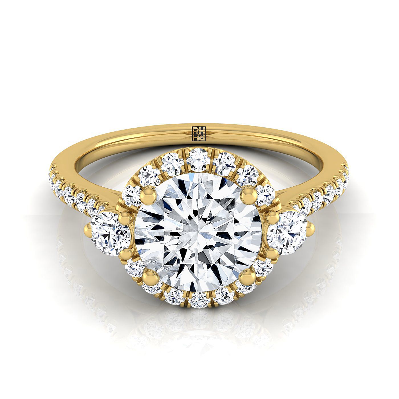 14K Yellow Gold Round Brilliant Diamond Three Stone Delicate Halo Engagement Ring -1/3ctw