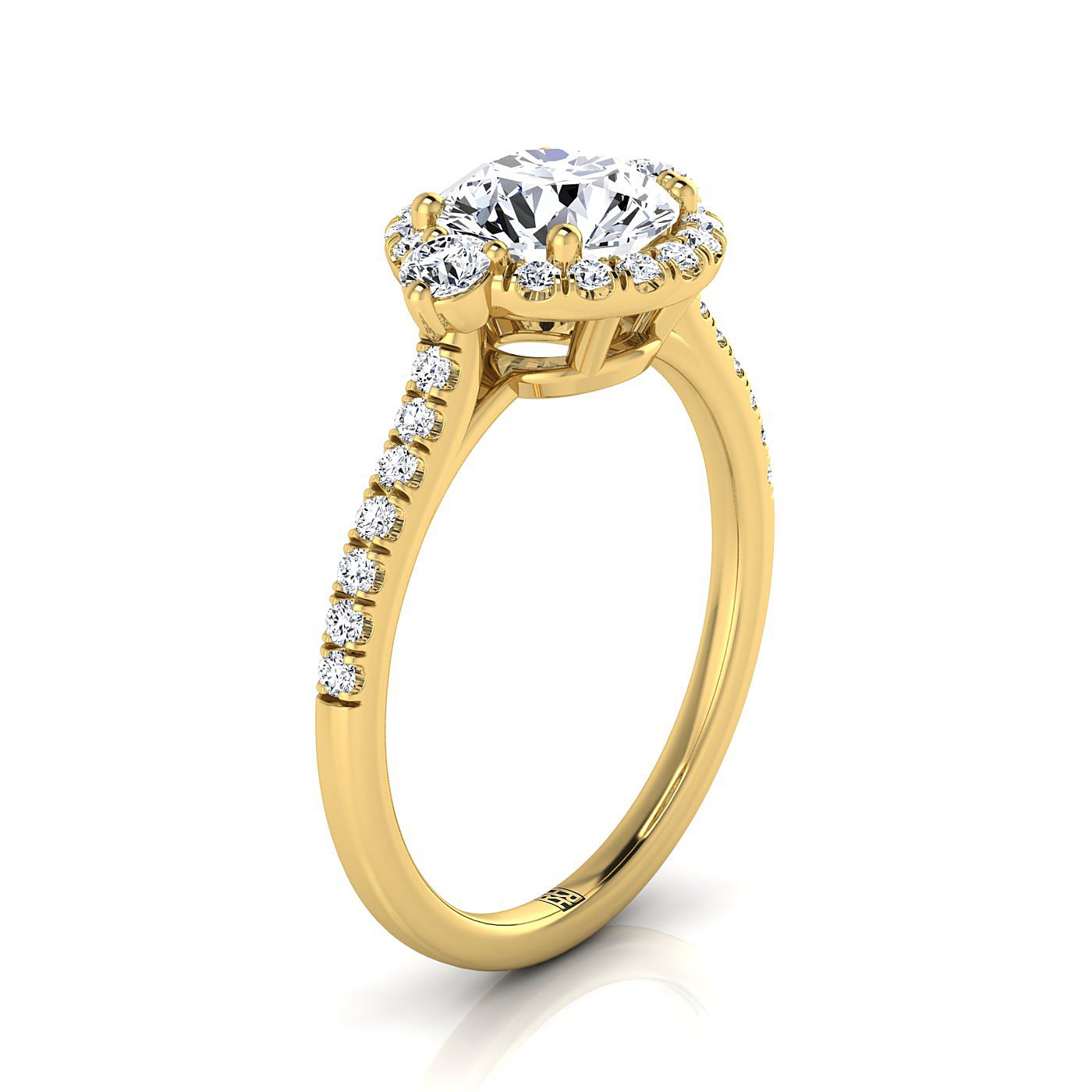 18K Yellow Gold Round Brilliant Diamond Three Stone Delicate Halo Engagement Ring -1/3ctw