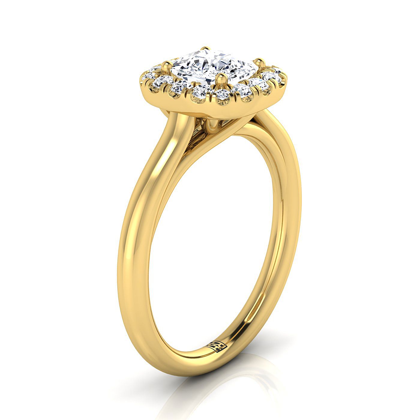 18K Yellow Gold Cushion Diamond รัศมีที่เรียบง่ายและซับซ้อนบนแหวนหมั้นขัดเงาสูง -1/4ctw