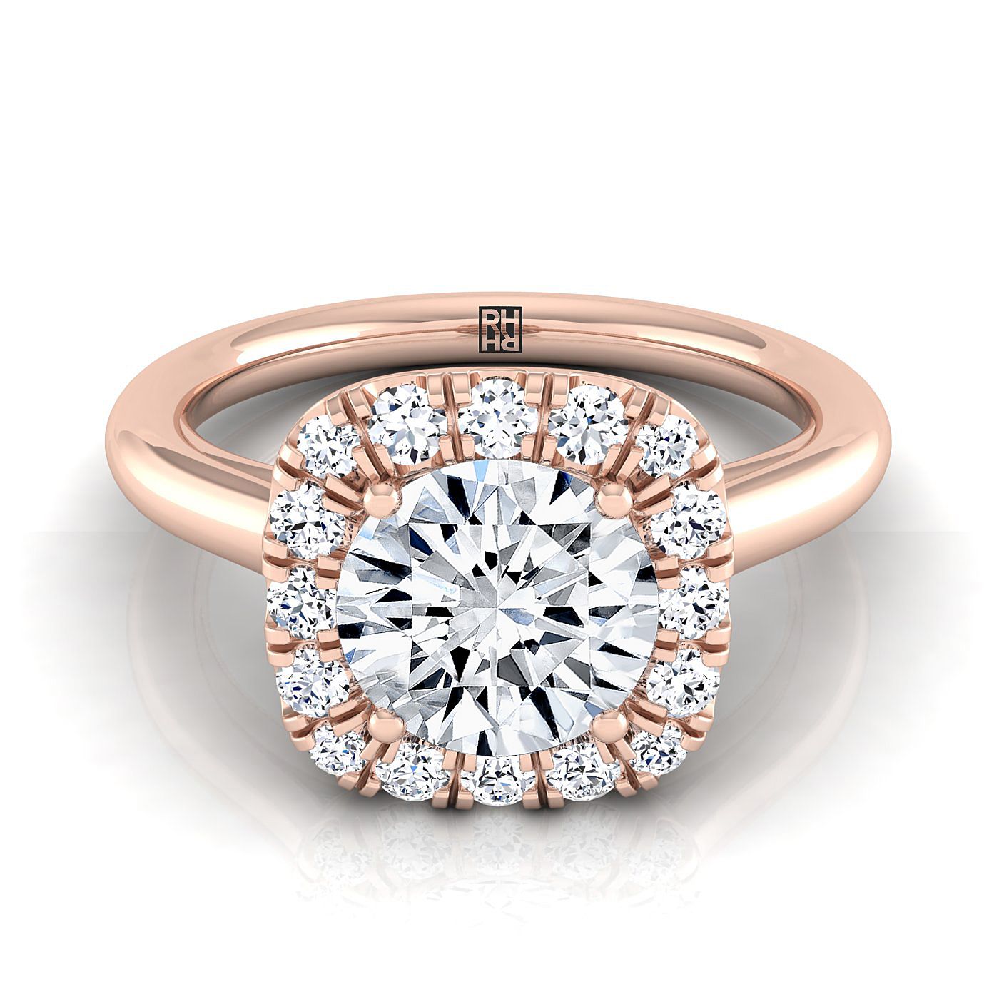 14K Rose Gold Round Brilliant Diamond Halo ที่ซับซ้อนและเรียบง่ายบนแหวนหมั้นขัดเงาสูง -1/4ctw