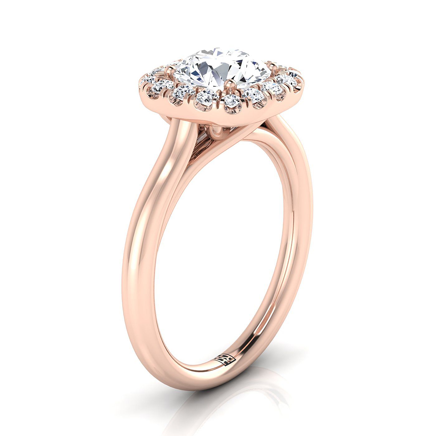 14K Rose Gold Round Brilliant Diamond Halo ที่ซับซ้อนและเรียบง่ายบนแหวนหมั้นขัดเงาสูง -1/4ctw