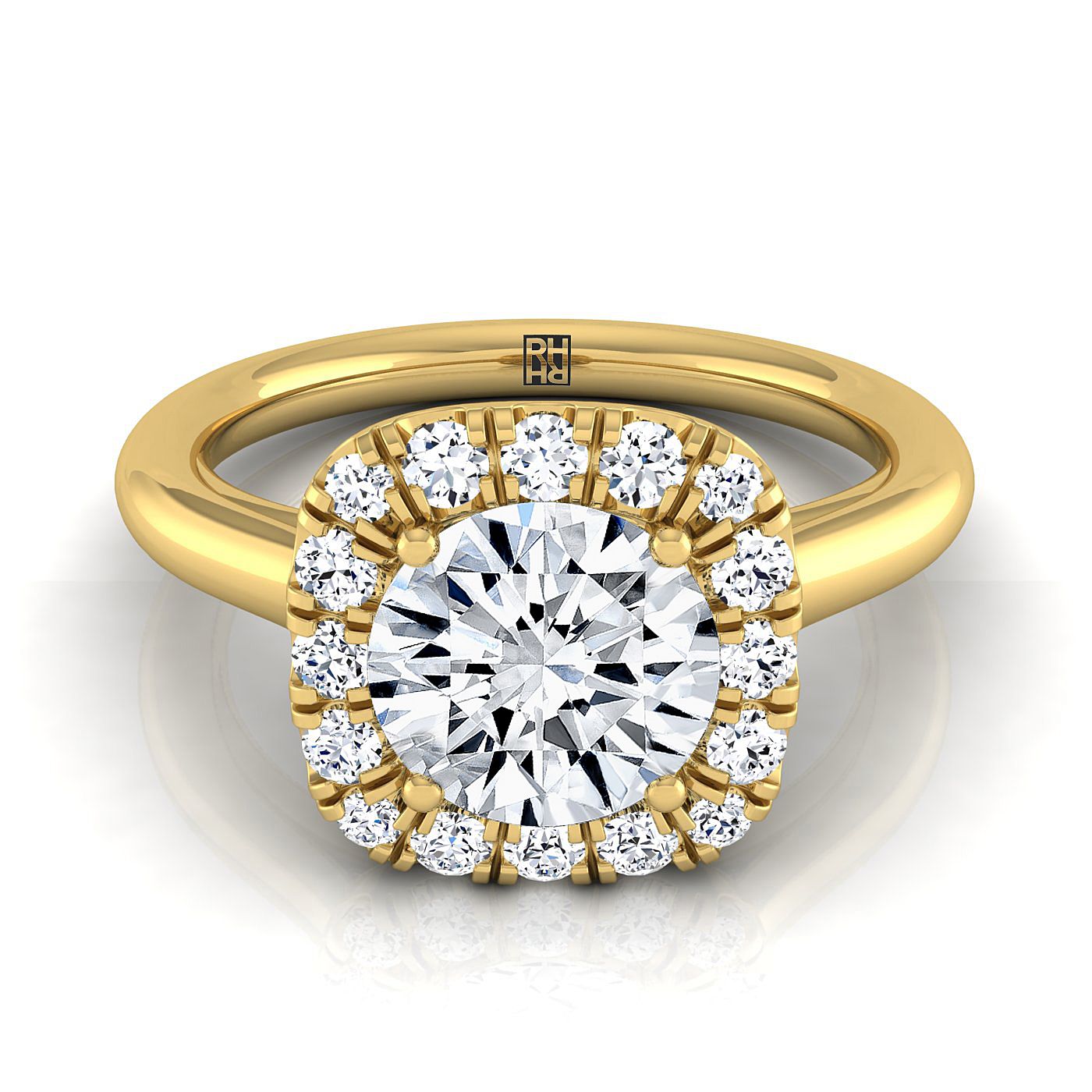 18K Yellow Gold Round Brilliant Diamond Halo ที่ซับซ้อนและเรียบง่ายบนแหวนหมั้นขัดเงาสูง -1/4ctw