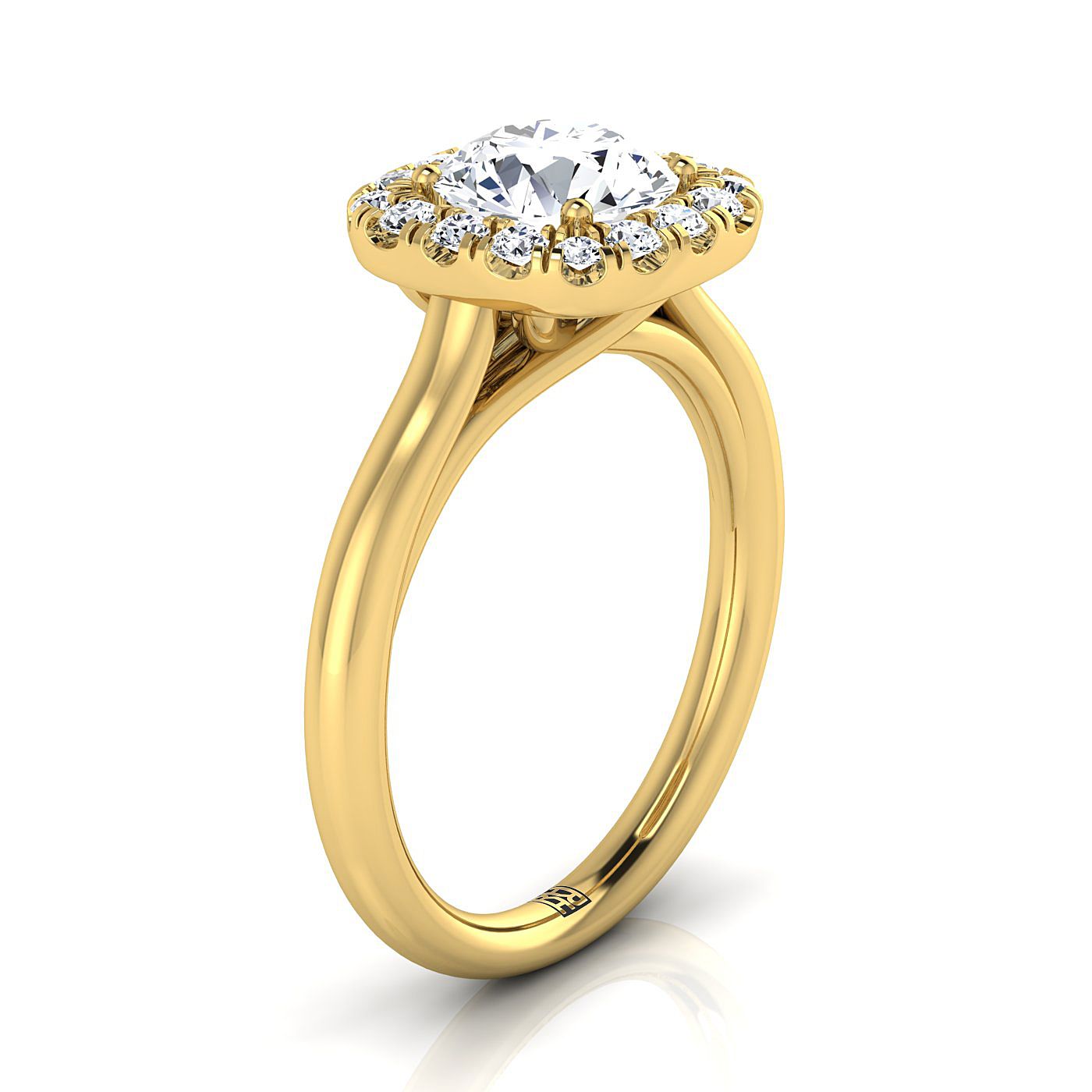 18K Yellow Gold Round Brilliant Diamond Halo ที่ซับซ้อนและเรียบง่ายบนแหวนหมั้นขัดเงาสูง -1/4ctw