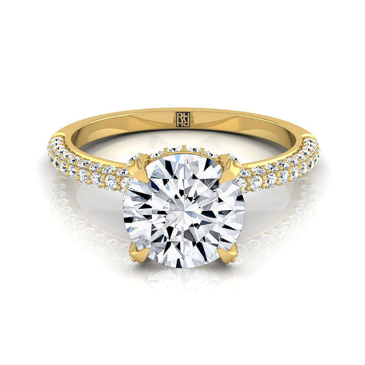 14K Yellow Gold Round Brilliant Diamond Encrusted Claws and Triple Pave Engagement Ring -1/2ctw