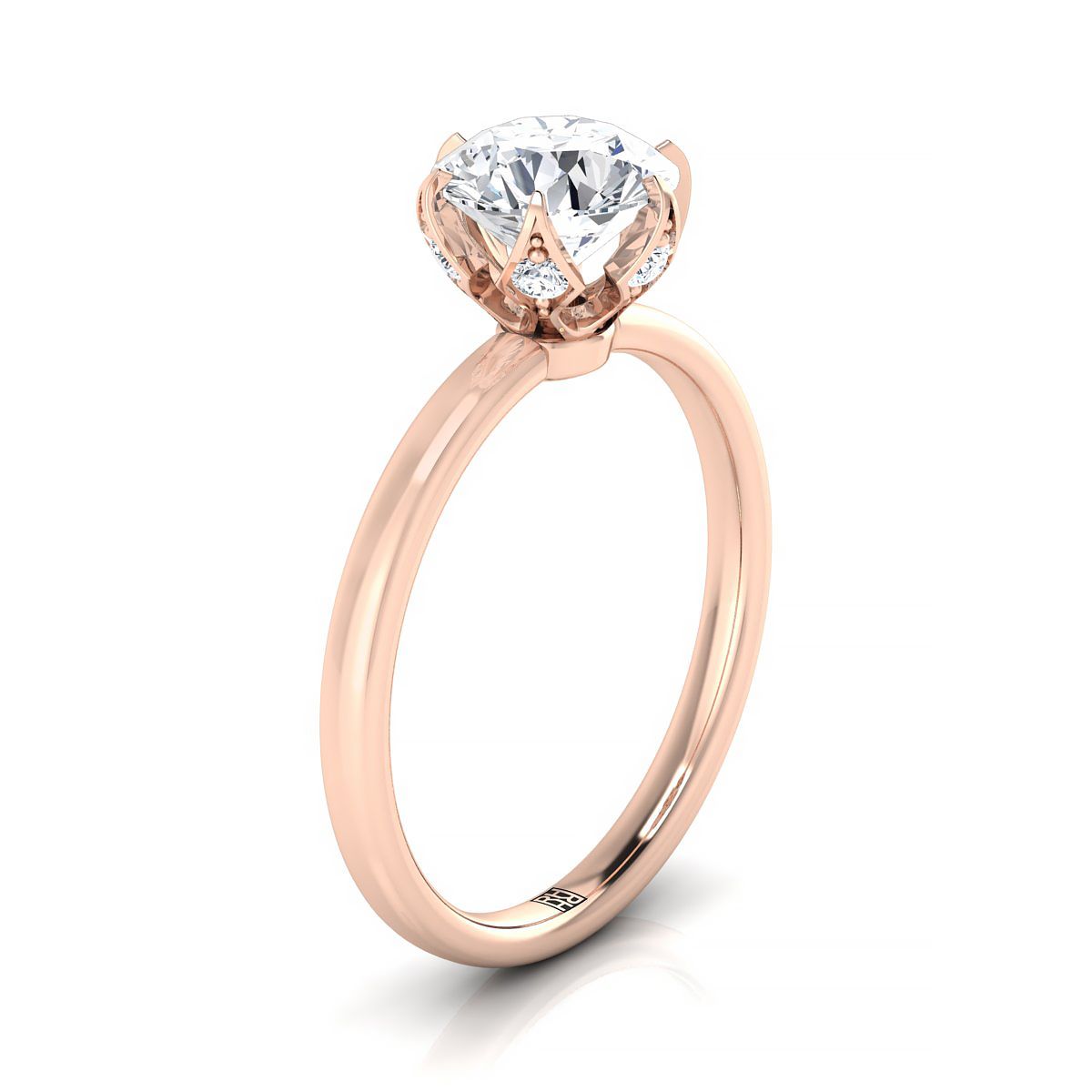 14K Rose Gold Round Brilliant Diamond Secret Stone Claw Prong Solitaire แหวนหมั้น