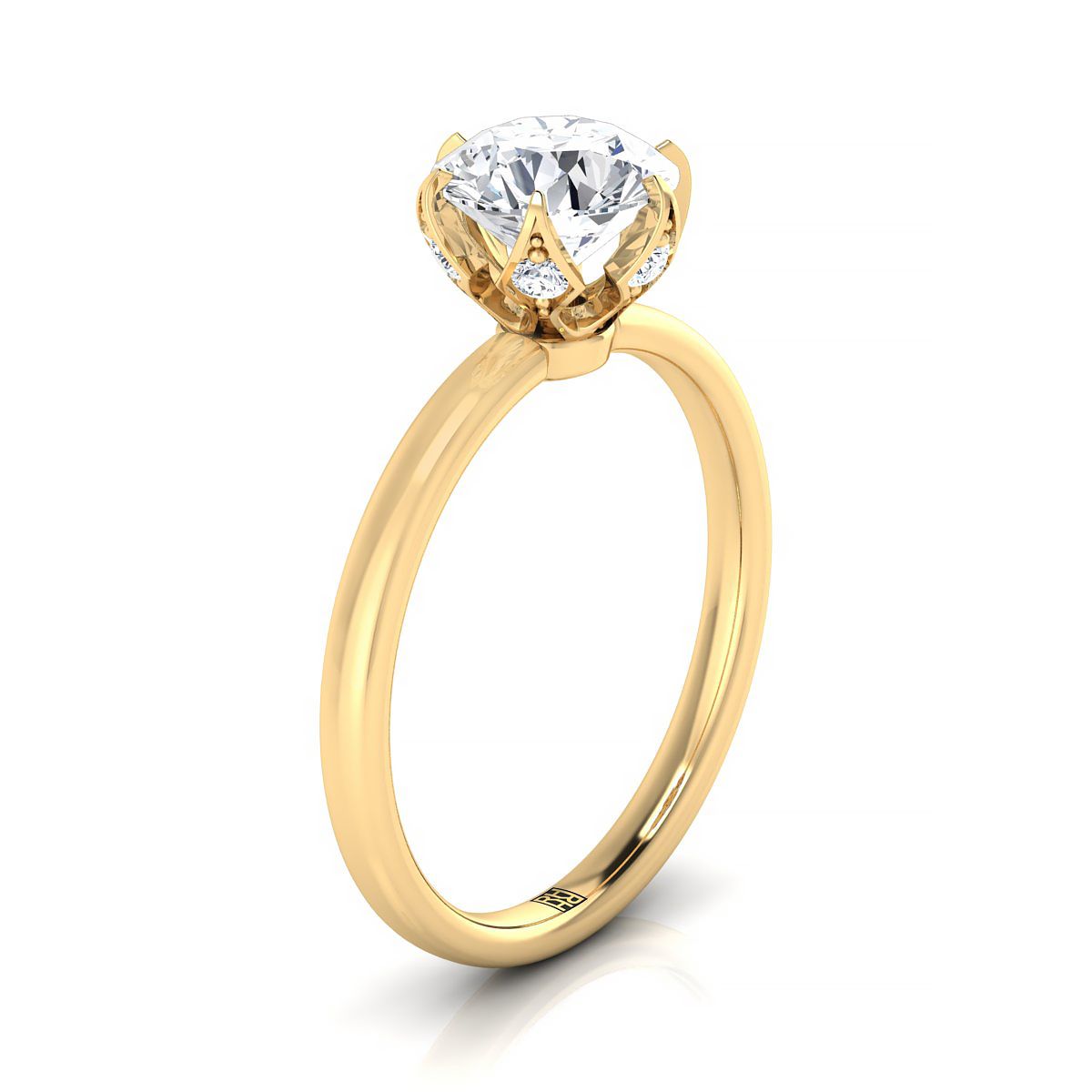 18K Yellow Gold Round Brilliant Diamond Secret Stone Claw Prong Solitaire แหวนหมั้น