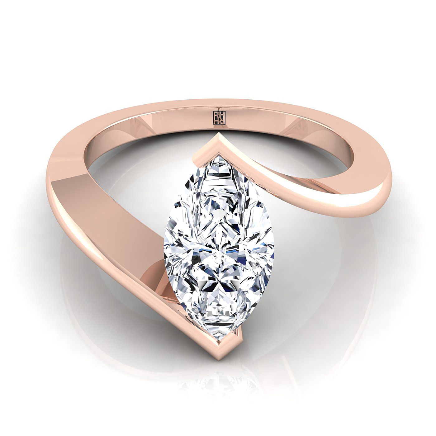 แหวนหมั้น Solitaire 14K Rose Gold Marquise Half Bezel Twist Tension