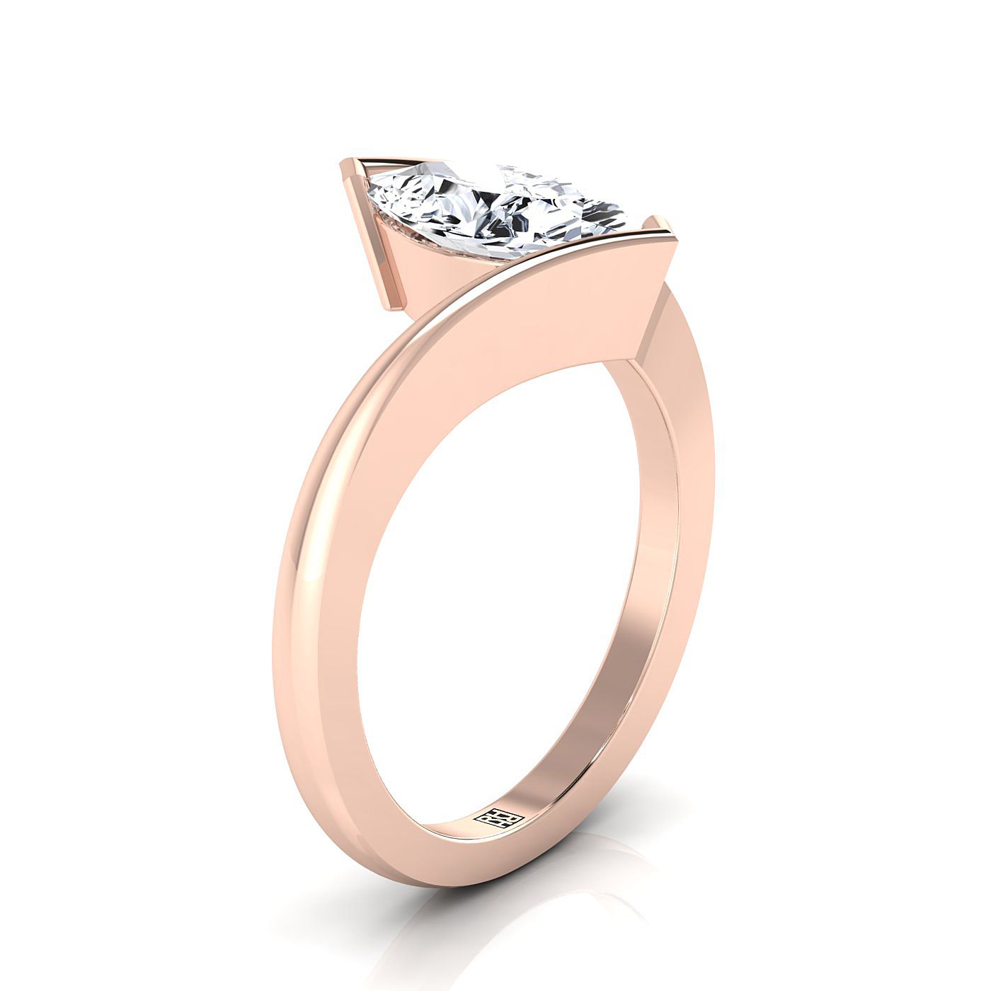 แหวนหมั้น Solitaire 14K Rose Gold Marquise Half Bezel Twist Tension