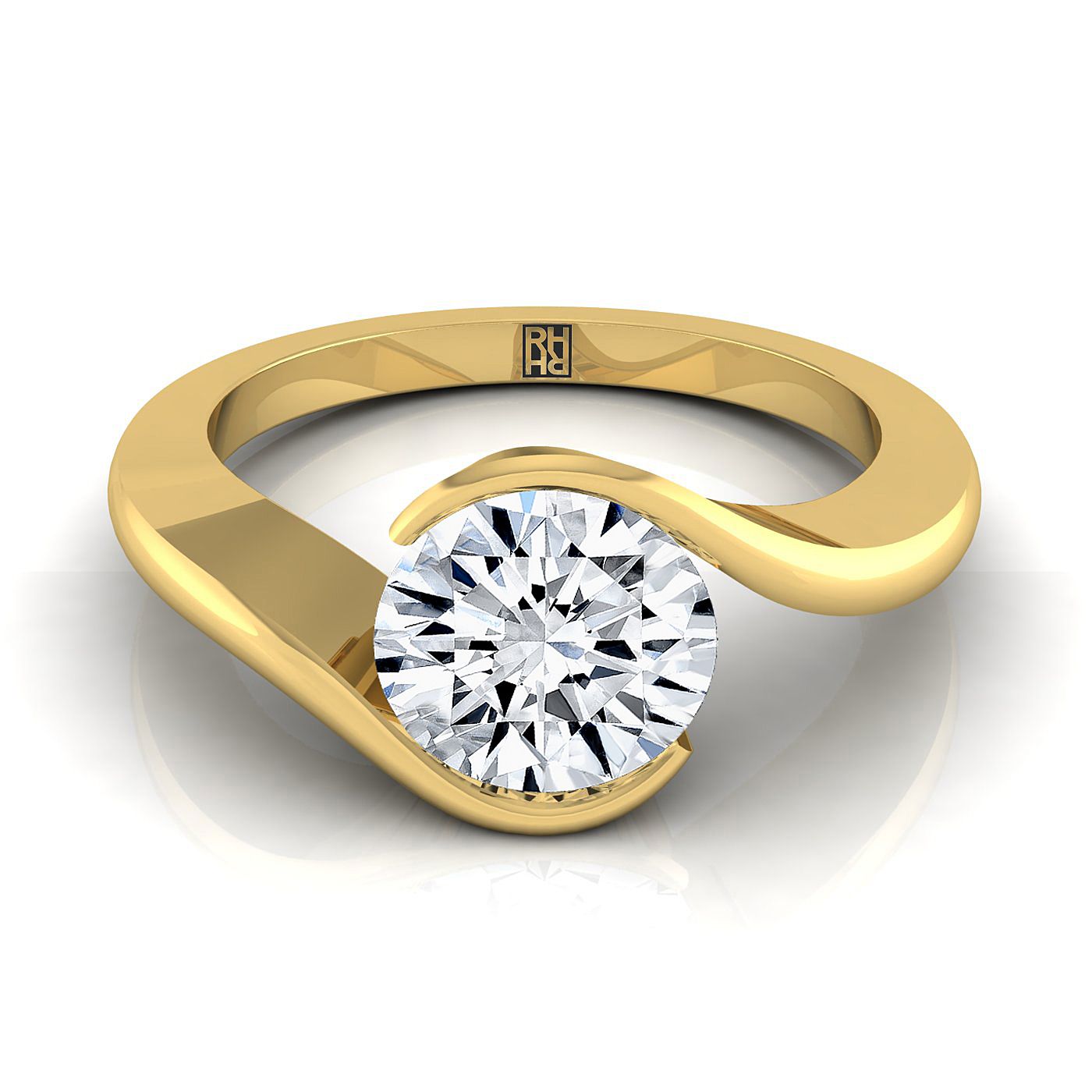 18K Yellow Gold Round Brilliant  Half Bezel Twist Tension Set Solitaire Engagement Ring