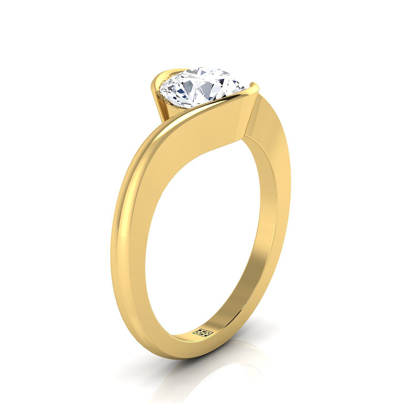 18K Yellow Gold Round Brilliant  Half Bezel Twist Tension Set Solitaire Engagement Ring