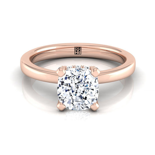 14K Rose Gold Cushion Diamond Adorned Claws and Secret Halo Solitaire Engagement Ring -1/10ctw