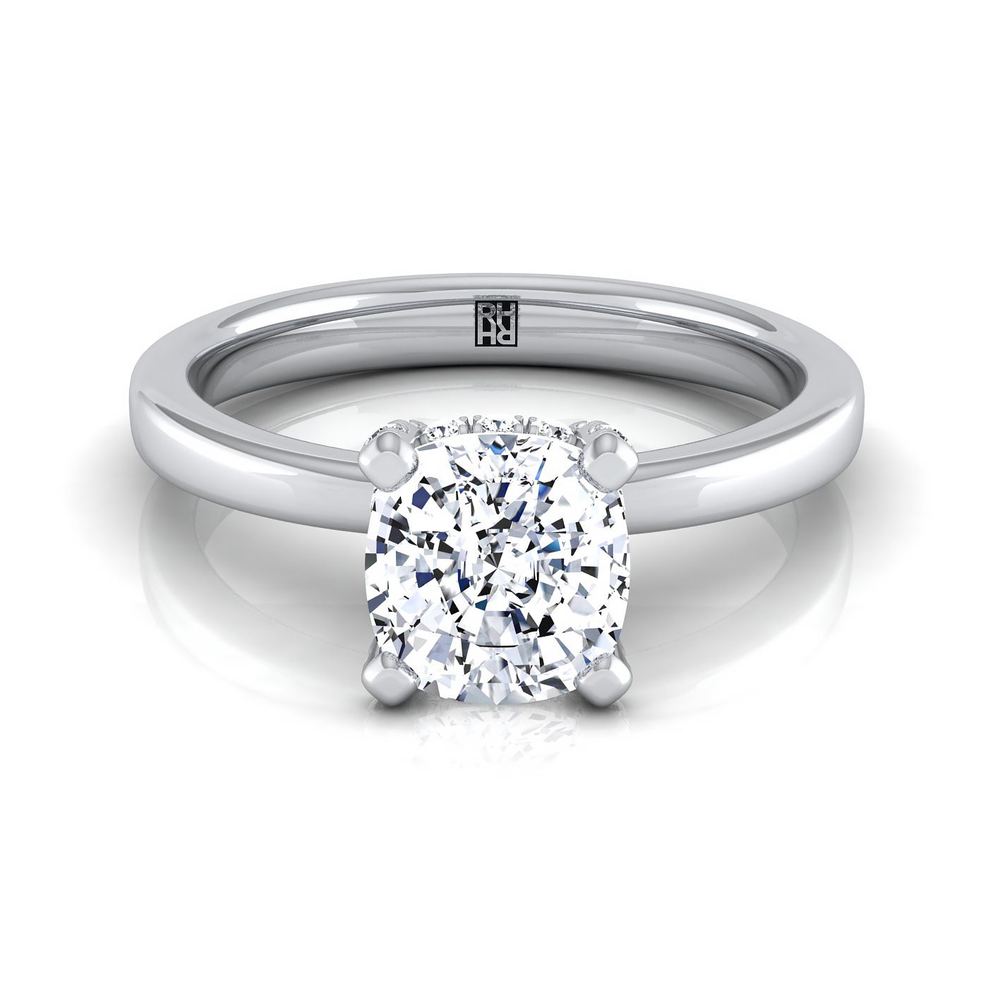 Platinum Cushion Diamond Adorned Claws and Secret Halo Solitaire Engagement Ring -1/10ctw