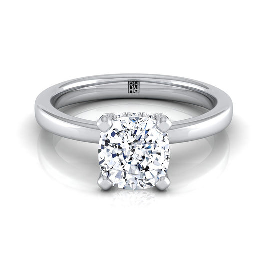 Platinum Cushion Diamond Adorned Claws and Secret Halo Solitaire Engagement Ring -1/10ctw