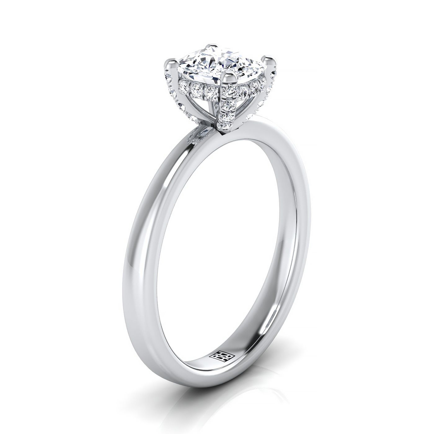 18K White Gold Cushion Diamond Adorned Claws and Secret Halo Solitaire Engagement Ring -1/10ctw