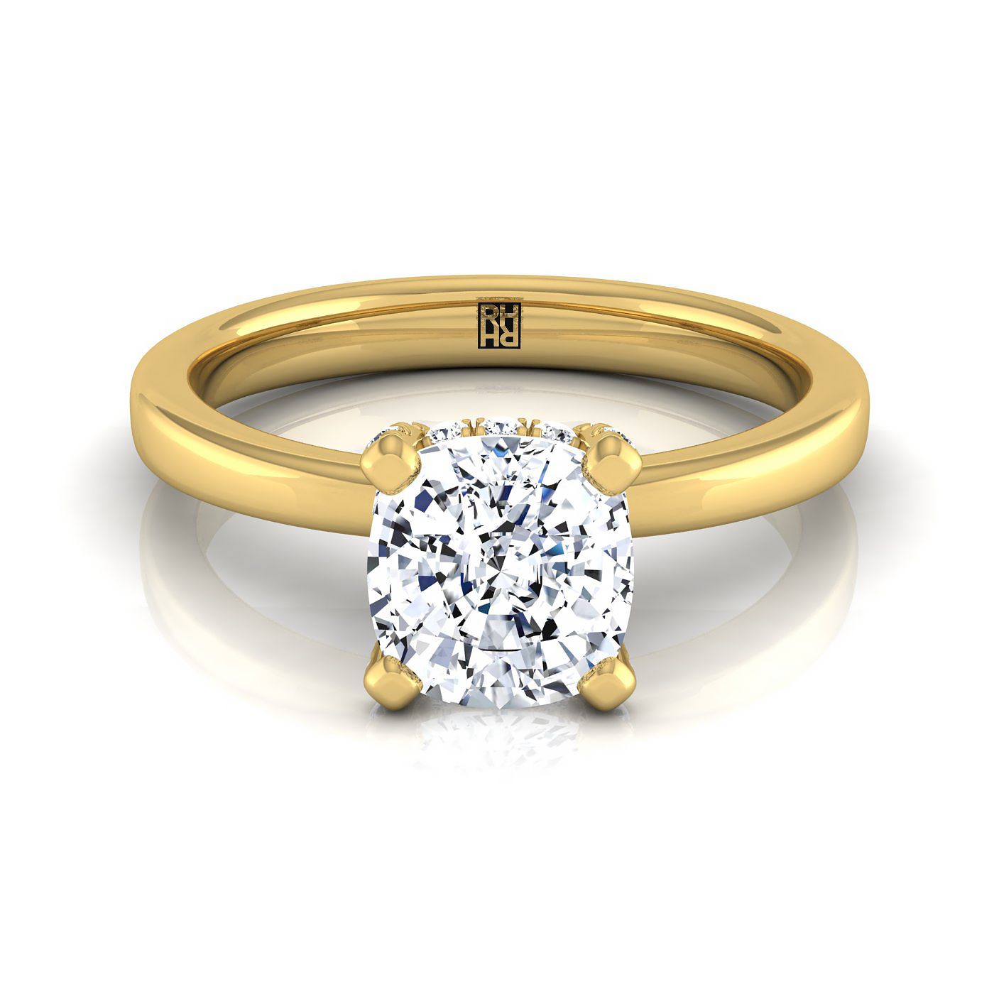 18K Yellow Gold Cushion Diamond Adorned Claws and Secret Halo Solitaire Engagement Ring -1/10ctw