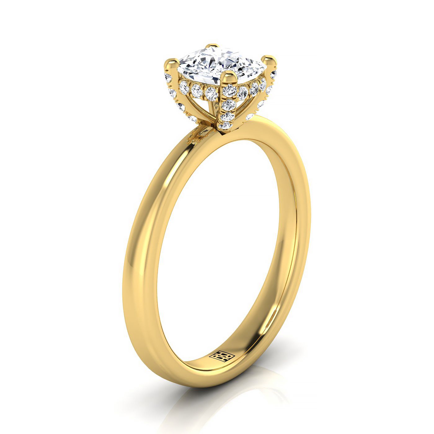 18K Yellow Gold Cushion Diamond Adorned Claws and Secret Halo Solitaire Engagement Ring -1/10ctw