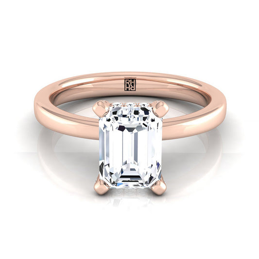 14K Rose Gold Emerald Cut เพชรประดับกรงเล็บและ Secret Halo Solitaire แหวนหมั้น -1/10ctw